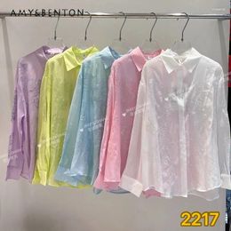 Women's Blouses 2024 Summer Bright Colour National Style Rhinestone Embroidery Sweet Long Sleeve Shirts Elegant Sun Protection Top Blouse