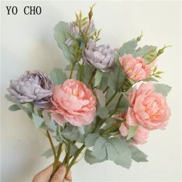 YO CHO Peony Flower Bouquet Artificial 3 Heads Peony Fake Silk Flowers Pink White Romantic Home Wedding Decor Flower Arrangement