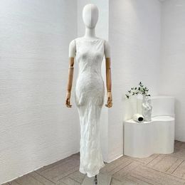 Casual Dresses Silk White Floral Carved Bateau Neck Sleeveless Slim Fit Mermaid Dress 2024 Arrival Spring Summer High Quality Clothes