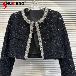 Women's Jackets Fashion 2024 Autumn Feminine Short Coat Rhinestone Beaded Sequined Tweed Overcoat Long Sleeve Heavy Work Jacket