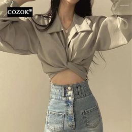 Women's Blouses Cozok Shirts & For Women Summer Blusas Slim Thin Korean Chic All-match Casual Crop Back Lace-up Bow Long Sleeve Top