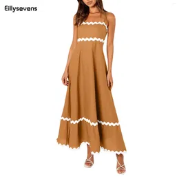 Casual Dresses Stylish Color-Matching Striped Midi Dress For Ladies Sexy Off Shoulder Sleeveless Loose Women Pomesia Beach Robes