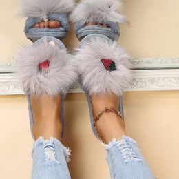 Slippers Women's Autumn And Winter Round Head Solid Color Rhinestone Strawberry One-line Outer Wear Wool Shoes