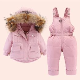 2pcs 세트 아기 소녀 겨울 다운 재킷과 어린이를위한 점프 수트는 여자를위한 따뜻한 모피 칼라 재킷 0-4 년을위한 따뜻한 모피 칼라 재킷