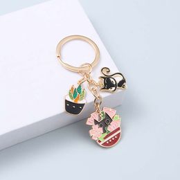 Cute Black Cat Keychains Potting Plant Flowers Key Rings For Women Men Friendship Birthday Gift Handmade DIY Jewellery