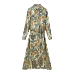 Casual Dresses Women Printed Midi Dress With Belt Fashion Trend Lapel Long Sleeved Single Breasted Vacation Party