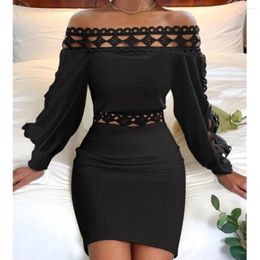 Casual Dresses Black Hollow Off Shoulder Pencil Dress 2024 Autumn/Winter V-Neck Lace Long Sleeve Hip Wrap For Women Vestidos De Mujer