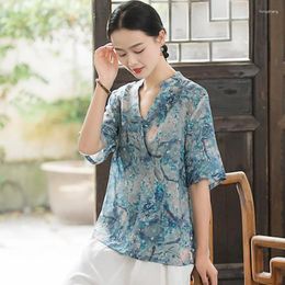 Ethnic Clothing Women Spring Summer Retro Buckle Shirt Top Chinese National Style Linen Blouse Short Sleeve Floral Print Cheongsam Shirts