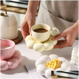 Mugs Wholesale Custom Ceramic Cappuccino Coffee Cup And Saucer Set Flower Shape Reusable Personalized Breakfast Tea Milk Espresso Mug Dhxwa