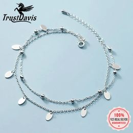 TrustDavis Genuine 925 Sterling Silver Double Layer Beads Chain Elliptical Slices Anklets For Women S925 Birthday Present DA1533 240524