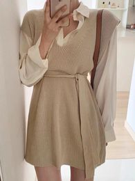 Casual Dresses Knitted Sweater Dress Women Autumn Loose Sleeveless Tank Female Korean Fashion Vintage Bandage Slim Short