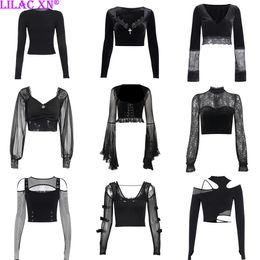 Goth Sexy Lace Mesh Flared Long Sleeve Corset Crop Tops Y2K Harajuku Vintage Aesthetic Black T-shirts Women Tops Tees Streetwear