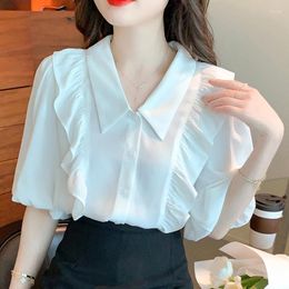 Women's Blouses Spring Sweet Ruffle Chiffon Short For Women Korean Casual Puff Sleeve Shirt Office-lady White Tops Blusas Mujer 24584