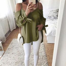 Women's Blouses Women Blouse Solid Colour Off Shoulder Sling Knotted Top Sexy Long Sleeve Loose Shirt Clothing