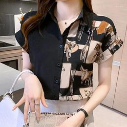 Women's Blouses Summer Short Sleeve Shirt Two-color Stitching Chiffon Personality Design Style Printed Blouse Lady Top