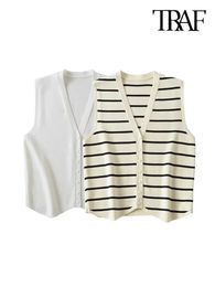 TRAF Women Fashion Front Button Striped Knit Vest Sweater Vintage V Neck Sleeveless Female Waistcoat Chic Tops 240523