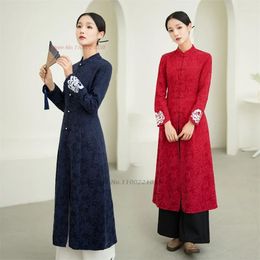 Ethnic Clothing 2024 Chinese Vintage Coat Cotton Linen Jacquard Hanfu Tops National Flower Embroidery Folk Jacket Oriental Meditation