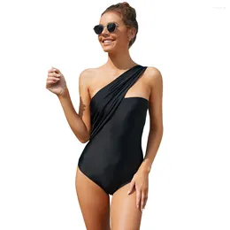 Women's Swimwear Oblique-shoulder Sexy Bikini Beach Holiday Solid Color One-piece Swimsuit
