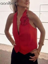 Women's Tanks Aonibeier Y2K Red Women Sleeveless Blazer Vest 2024 Spring 3D Flower V Neck Backless Slim Halter Crop Top Female