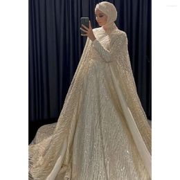 Party Dresses Luxury Beads Sequined Evening Elegant High Collar Long Sleeves Prom Gowns With Cape Court Train