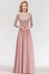 Party Dresses Elegant Three Quarter Sleeve Lace Chiffon Evening Dusty Pink Wedding Formal Prom Gowns Bridesmaid Vestidos De Gala