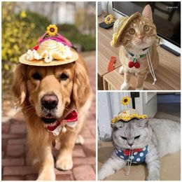 Dog Apparel Pet Straw Hat Costume Hats With Knit Flower Adjustable Drawstring Chin Strap Party Accessory For Small Dogs Drop