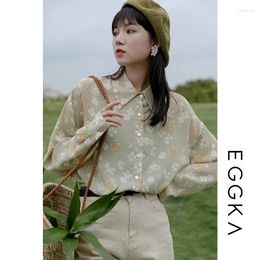 Women's Polos Eggka Retro Flower Long-Sleeved Shirt For Women 2024 Spring Loose And Irregular Design Sense Niche