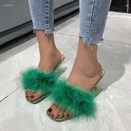 Sexy Strange Slippers Transparent Feather Sandals High Heels for Women Clear PVC Square Open Toe Fur Ladies M b68