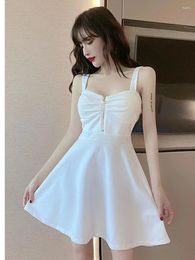 Casual Dresses 2024 Sexy Dress Mesh Red Strap A-line Slim Fit Ruffled Low Chest Zipper Korean Style Short Women Charm PG9J BWBV