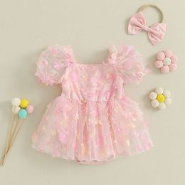 0-18M Infant Baby Girl Romper Dress Short Puff Sleeve 3D Flower Lace Mesh Tulle Jumpsuits with Headband