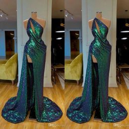 Glitter Green Evening Dress One Shoulder Sleeveless Sequins High Split Ruffle Floor Length Formal Party Gowns Custom Made Long Prom Dre 2259