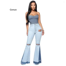 Women's Jeans Sexy Vintage Hole Ripped Women Wide Leg Denim Flare Slim Pants High Waist Party Casual Trousers Bodycon Bell Bottoms Pant