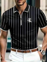 King Crown Printed Mens Shirt Casual Stretch Lapel Zipper Sports Summer Outdoor Striped Attendance Office Clothing 240520
