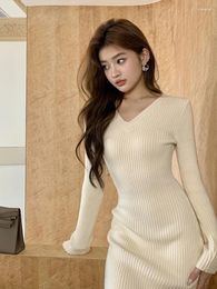 Casual Dresses Autumn Winter Knitted Dress Women's Solid Color V-neck Long Sleeve Sweater Mini Pullovers