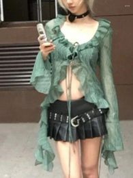 Women's Blouses Korean Summer Sexy Top Women Y2k Lace Shirt Vintage 2000s Ruffles Grunge Aesthetics Irregular Green Shirts Retro 90s