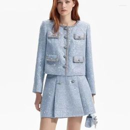 Women's Jackets 2024 Spring Mist Blue Round Neck Sequined Diamond Trim Tweed Jacket Skirts For Women