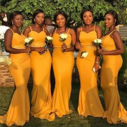 Patterns Elegant Mermaid Bridesmaid Dresses Yellow Chiffon Spaghetti Straps Lace Appliqued Long Maid of Honour Dresses for Weddings