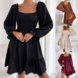 Casual Dresses Women Fashion Ruffle Dress Autumn Square Collar Long Sleeve A-Line Ladies Elegant Shirred Beach Party Mini