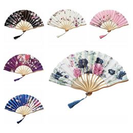 Chinese Style Silk Hand Fan Bamboo Folding Fan Flower Tassel Dance Fans Summer Festival Party Wedding Gift