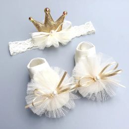 2Pcs Baby Girl Socks Headband Set Lace Bows Newborn Girl Head bands Crown Infant Baby Turban Short Socks Hair Accessories 0-12M