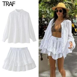 Work Dresses White Skirt Set Women's Suit Hollow Mini Long Sleeve Tops Blouse Summer Woman 2 Pieces Elegant Stylish