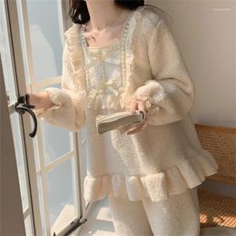 Women's Sleepwear Pajamas For Women Korean Thick Sweet Winter Coral Velvet Warm Soft Solid Square Collar Lace Cute Home Wear Sets D714