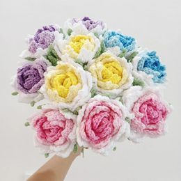 Decorative Flowers Finished Handmade Gradient Ramp Crochet Rose Wedding Artificial Washable Cotton Yarn Knitting Home Vase Decor