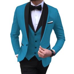 Blue Slit Mens Suits 3 Piece Black Shawl Lapel Casual Tuxedos for Wedding Groomsmen Men blazervestpants 240515