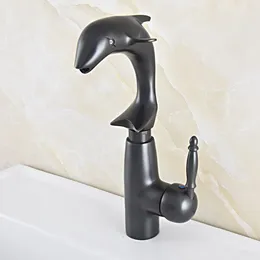 Kitchen Faucets Black Oil Rubbed Bronze Swivel Spout Single Handle Lever Cute Animal Dolphin Style Bathroom Sink Faucet Mixer Tap Msf845