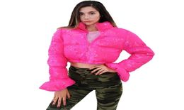 Cropped Puffer Jacket Pink Sequin Bell Sleeve Parka Bubble Coat Winter Fall Women XL XXL 2108315992938