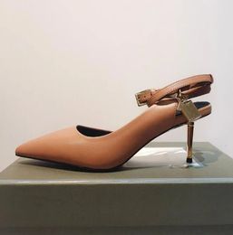 2024 Luxury Elegant Denim Padlock Pointy Naked Sandal Cut-Outs metal carved heel dove grey Round Toes Heel Dress Shoes Designer Womens Sandals Ankle Strap Pumps