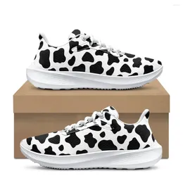 Casual Shoes INSTANTARTS Black And White Cow Pattern Round Toe Mesh Sneakers For Women Lightweight Lace-up Running Walking