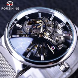Forsining 2021 Fashion Casual Neutral Design Silver Steel Transparent Case Skeleton Watch Mens Watch Top Brand Luxury Mechanical watch 259w