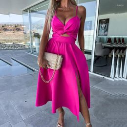 Casual Dresses Fashion V Neck Hollow Women Elegant Slit A-Line Dress Office Lady Summer Sexy Sleeveless Pocket Long Beach Vestido